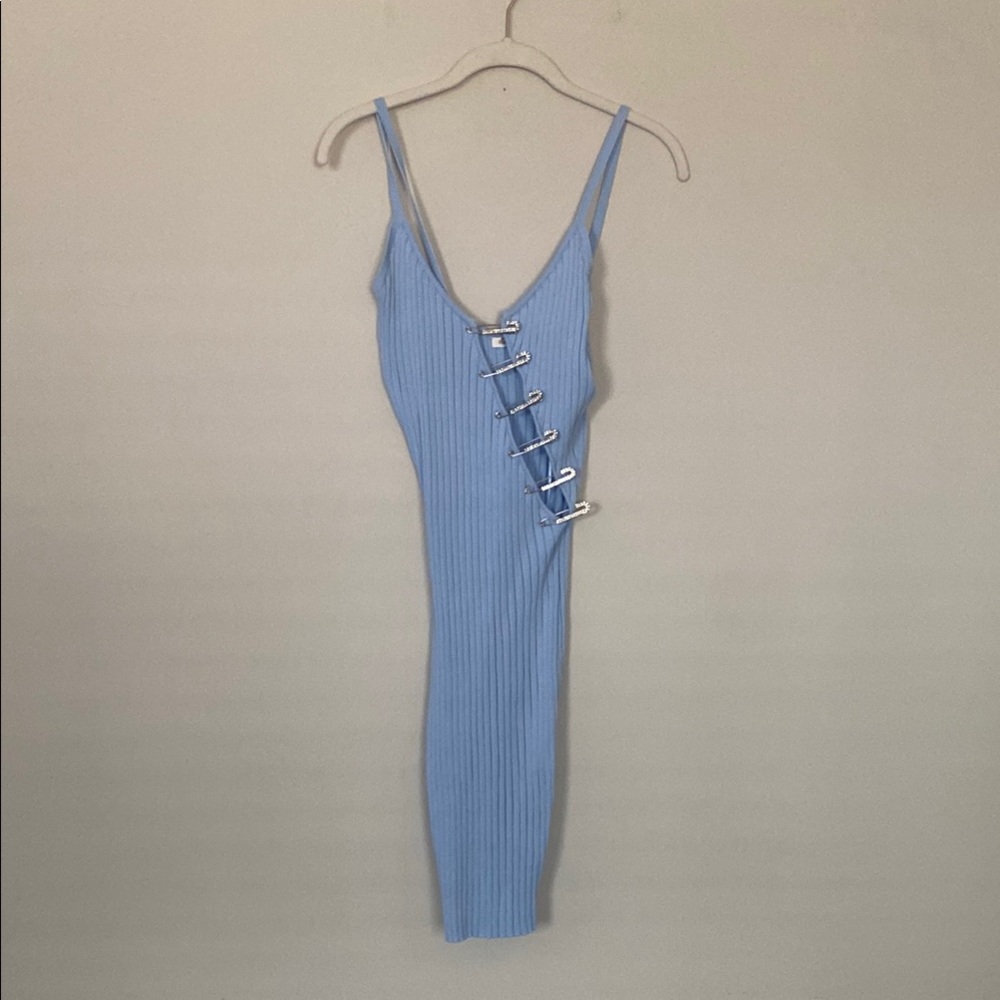 Blue Ribbed Dress with Hook Detail